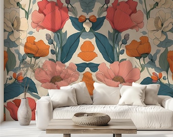 Vintage Botanical Floral Wallpaper Mural: Retro Garden, Red Coral Orange Flowers, Custom Size
