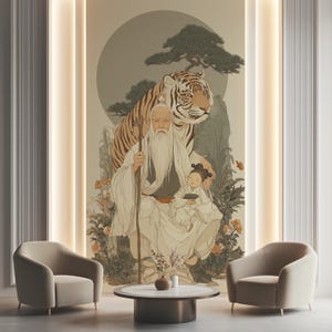 May include: A large wall mural featuring an Asian-inspired illustration of an elderly man with a long white beard, a child, and a tiger. The mural is set against a neutral background, with two beige armchairs and a round coffee table in front.