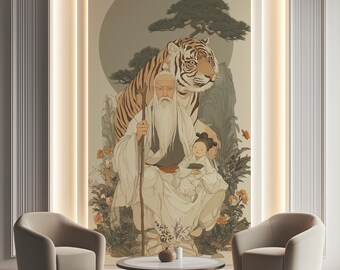 Korean Mural Sansin Tiger Kid Wallpaper, Custom Personalized, Large Oversized Wall Art