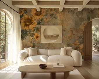 Vintage Sunflower Wallpaper Mural Distressed Plaster Background Sage Teal Wash Rustic Floral Composition Golden Petals Wall Mural, Removable