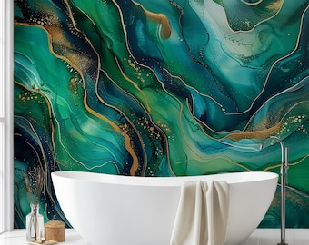 Abstract Fluid Emerald Teal Turquoise Gold, Oversize Bathroom Wallpaper Wall Mural, Custom Size, Removable, Peel and Stick or Pasted