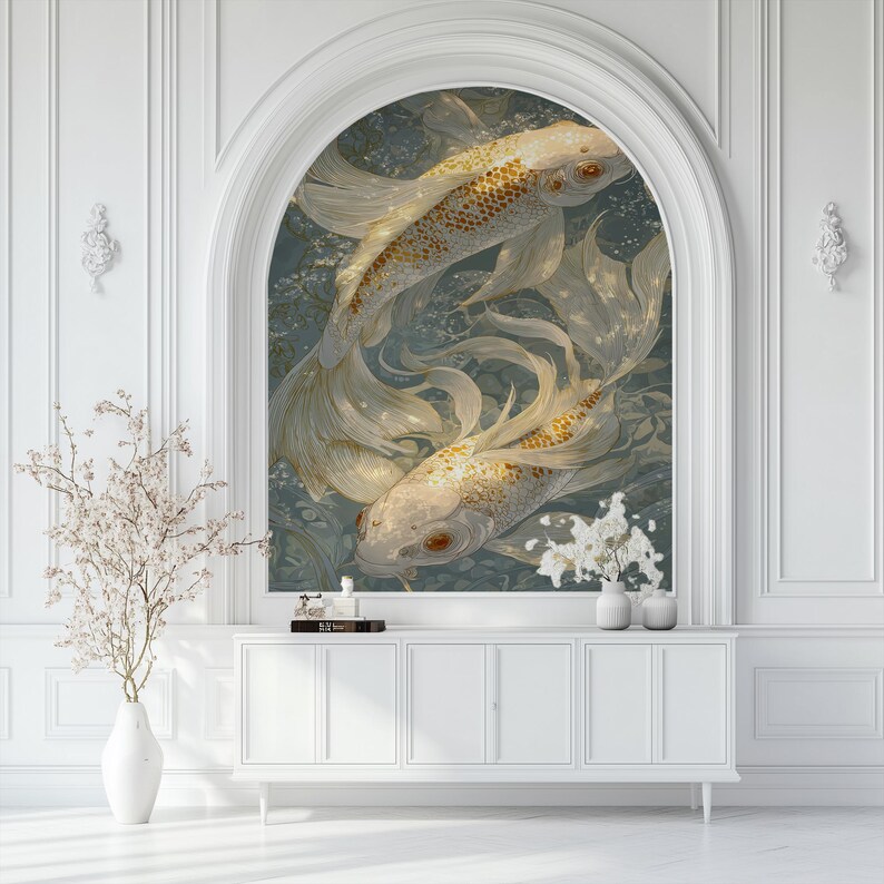 Duty Free, Tariff Free, Customs Free, Tropic Wallpaper, Japanese Koi Fish, Pink, Teal Mural, Oversized Large Mural, Textured Canvas Wall Art, Removable Peel and Stick, Non-woven Wall Decor, Self-adhesive, Non-pasted, Removable, Easy to Apply, DIY, ECOLOGO certified, Breathable material, Healthier Interiors, UV resistant, HP Latex certified ink, Non-toxic nontoxic non toxic, nursery mural, Safe for children kids, Water resistant, Chinoiserie Wallpaper