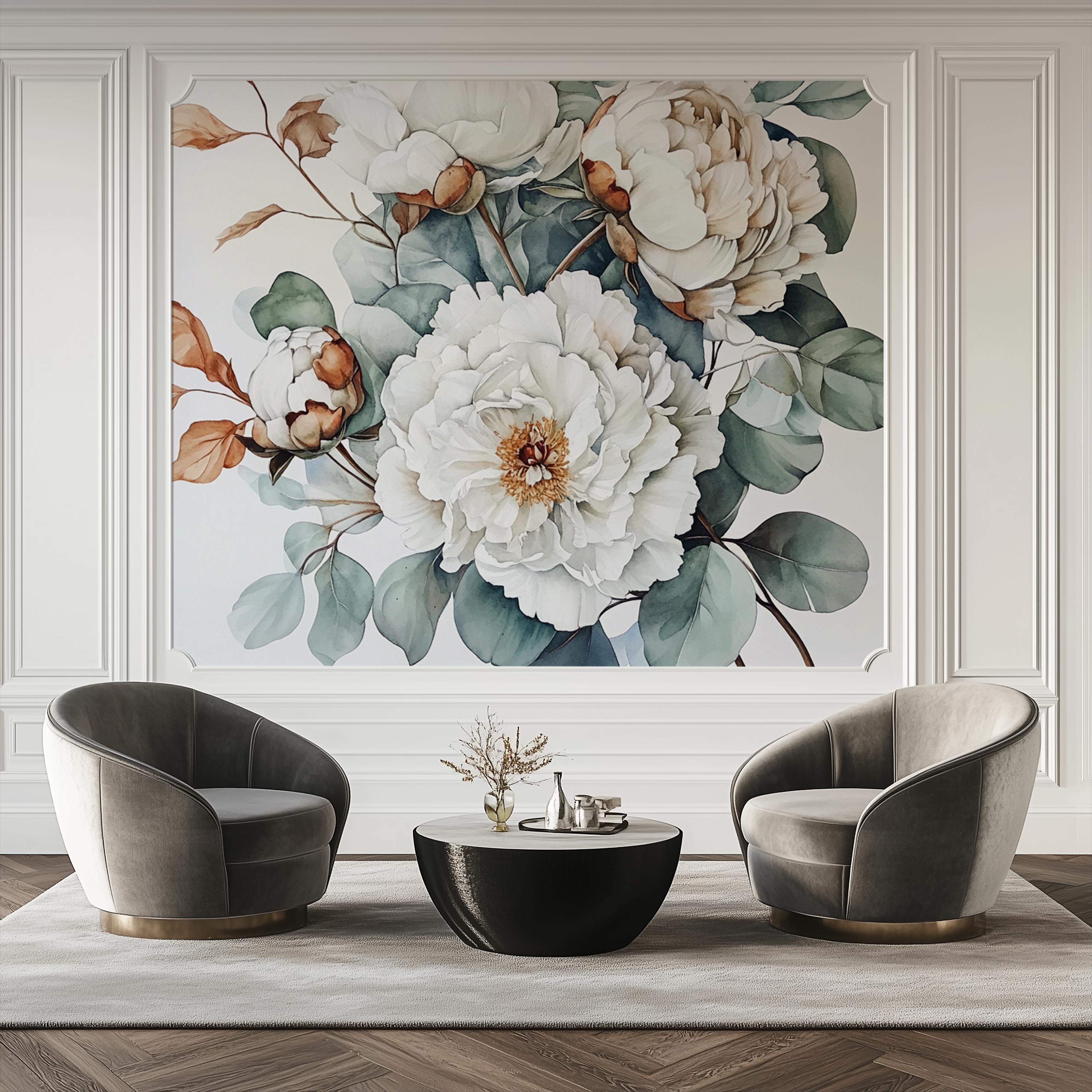 Custom Size Watercolor Peony Mural Wallpaper, White Floral Wall Art ...