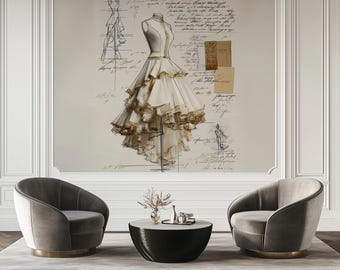 Elegant Fashion Sketch Wallpaper Mural Ivory Gold Couture Dress Illustration, Flowing Ruffles, Vintage Atelier, Peel and Stick or Pasted
