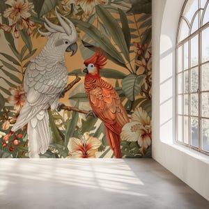 Tropisches Papageienparadies, Vintage Botanische, Vogel Wandbild Tapete, Tropisches Wandbild, Exotische Vögel, Fett, Natur inspiriert, Tropische Tapete