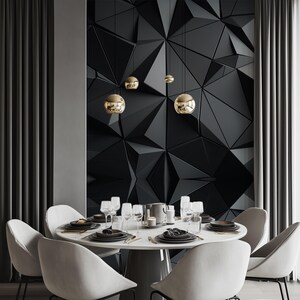 Futuristic 3D geometric wall mural with metallic diamond and triangle reliefs forming a repeating pattern in grey and steel tones. Modern minimalist texture ideal for office or living room accent walls. Reflective lighting and dimensional depth create a sculptural aesthetic. Peel and stick self adhesive wall panel wallpaper for modern interiors, offering a sleek architectural look. Geometric Pattern, 3D Wall Panel, Metallic Surface, Diamond Shape, Triangle Texture, Futuristic Design, Modern