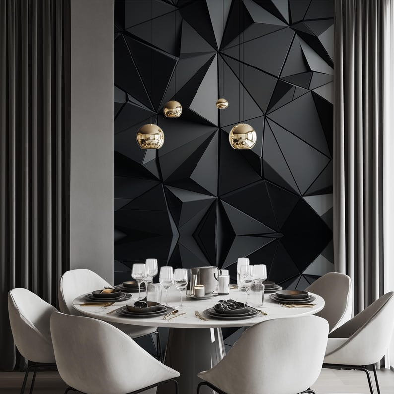 Futuristic 3D geometric wall mural with metallic diamond and triangle reliefs forming a repeating pattern in grey and steel tones. Modern minimalist texture ideal for office or living room accent walls. Reflective lighting and dimensional depth create a sculptural aesthetic. Peel and stick self adhesive wall panel wallpaper for modern interiors, offering a sleek architectural look. Geometric Pattern, 3D Wall Panel, Metallic Surface, Diamond Shape, Triangle Texture, Futuristic Design, Modern