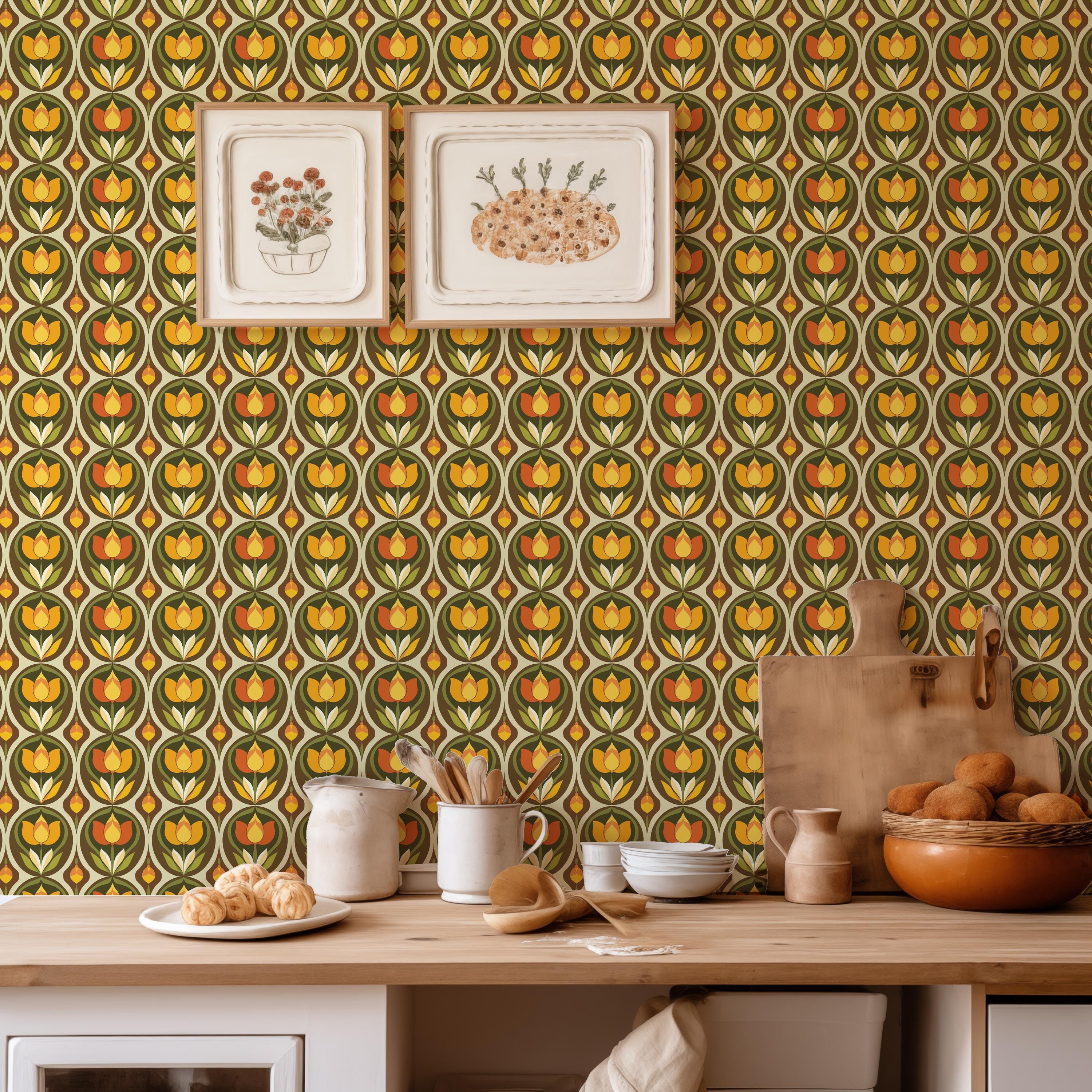Retro Orange Yellow Floral Pattern Wallpaper, 1970s Vintage Abstract ...