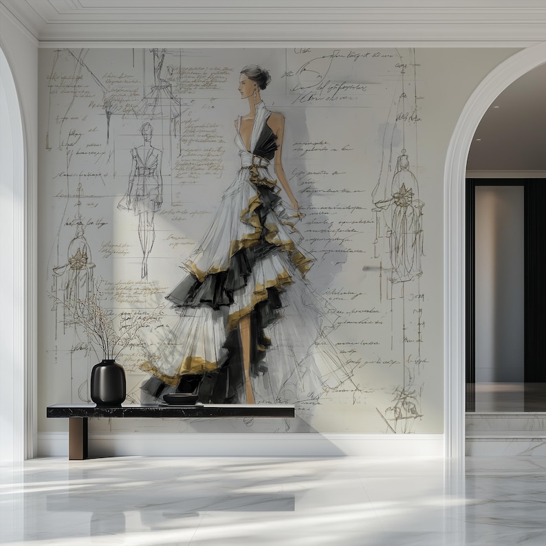 fashion illustration wallpaper mural, elegant couture dress sketch wall mural, black white gold layered gown drawing, flowing ruffle fabric lines, artistic figure sketch, handwritten script background, atelier style wall art decor, designer sketch aesthetic, luxury fashion mural, minimalist ink illustration, vintage inspired drawing, sophisticated textile design wallpaper, decorative mural art