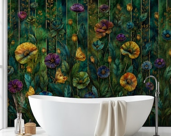 Custom Emerald Botanical Wall Mural, Teal Gold Floral Wallpaper, Violet Green Yellow