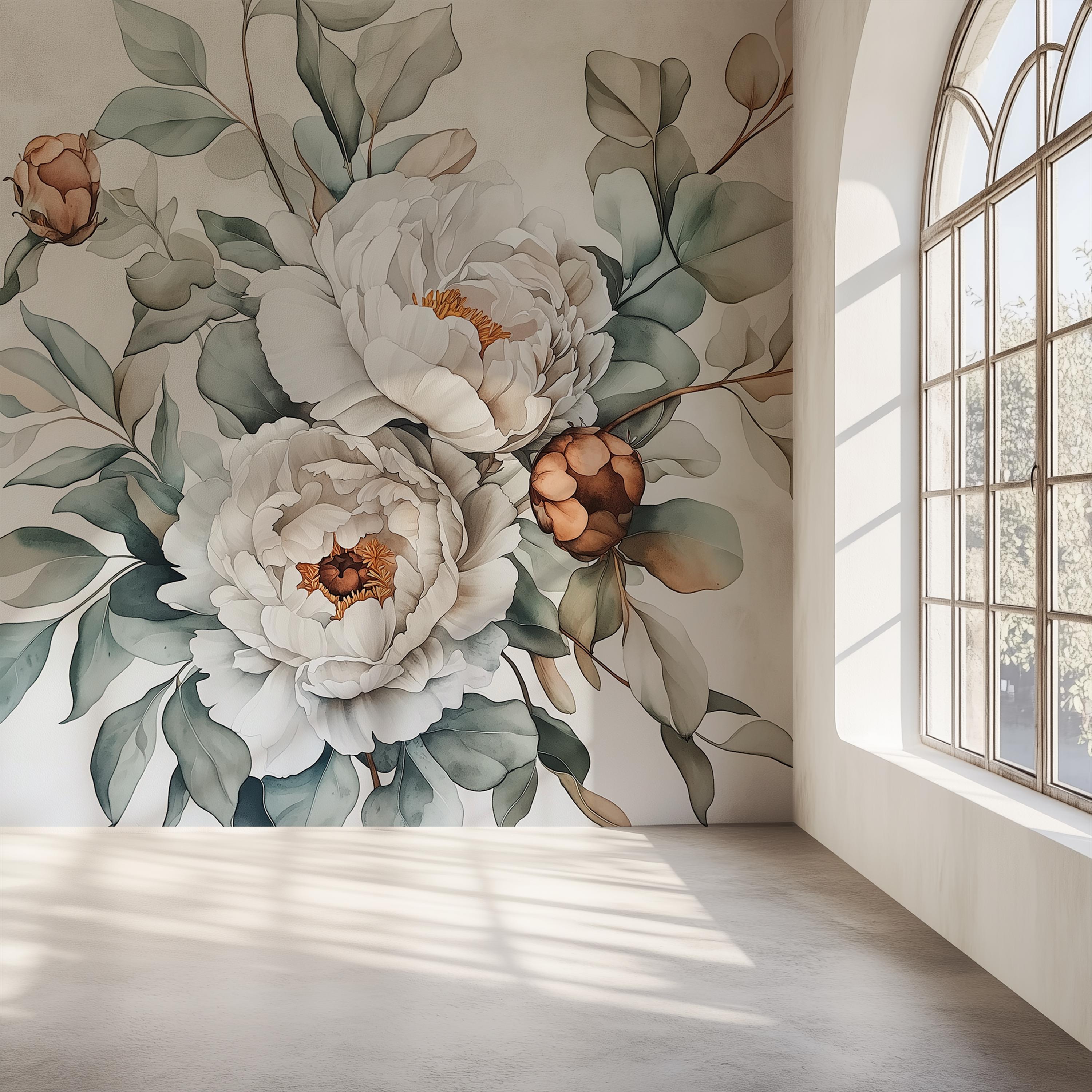 Custom Size Watercolor Peony Mural Wallpaper, Oversized Botanical ...