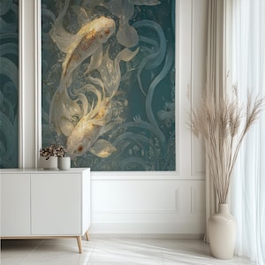 Duty Free, Tariff Free, Customs Free, Tropic Wallpaper, Japanese Koi Fish, Pink, Teal Mural, Oversized Large Mural, Textured Canvas Wall Art, Removable Peel and Stick, Non-woven Wall Decor, Self-adhesive, Non-pasted, Removable, Easy to Apply, DIY, ECOLOGO certified, Breathable material, Healthier Interiors, UV resistant, HP Latex certified ink, Non-toxic nontoxic non toxic, nursery mural, Safe for children kids, Water resistant, Chinoiserie Wallpaper