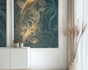 Puede incluir: Una gran impresión de arte mural con dos peces koi con aletas blancas fluidas y detalles dorados, sobre un fondo verde azulado con motivos florales y acuáticos. La obra de arte se exhibe en una habitación luminosa con un mueble y un jarrón blancos.
