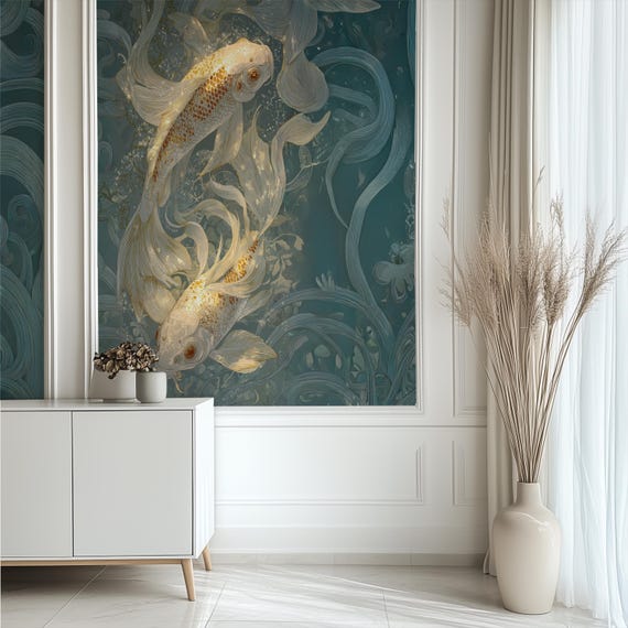 Koi Fish Mural: Modern Chinoiserie Peel and Stick or Pasted Wallpaper, Custom Size