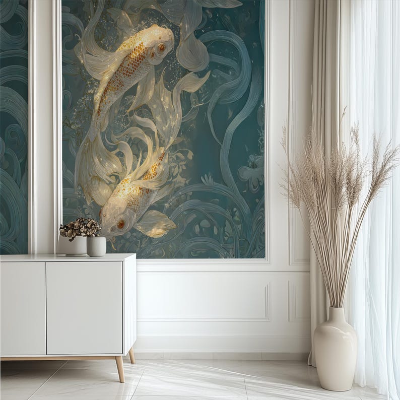 Duty Free, Tariff Free, Customs Free, Tropic Wallpaper, Japanese Koi Fish, Pink, Teal Mural, Oversized Large Mural, Textured Canvas Wall Art, Removable Peel and Stick, Non-woven Wall Decor, Self-adhesive, Non-pasted, Removable, Easy to Apply, DIY, ECOLOGO certified, Breathable material, Healthier Interiors, UV resistant, HP Latex certified ink, Non-toxic nontoxic non toxic, nursery mural, Safe for children kids, Water resistant, Chinoiserie Wallpaper