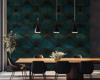Custom Size Emerald Gold Art Deco Fan Wallpaper, Teal Black Geometric Mural for Modern Decor, Made to Order, Self Adhesive