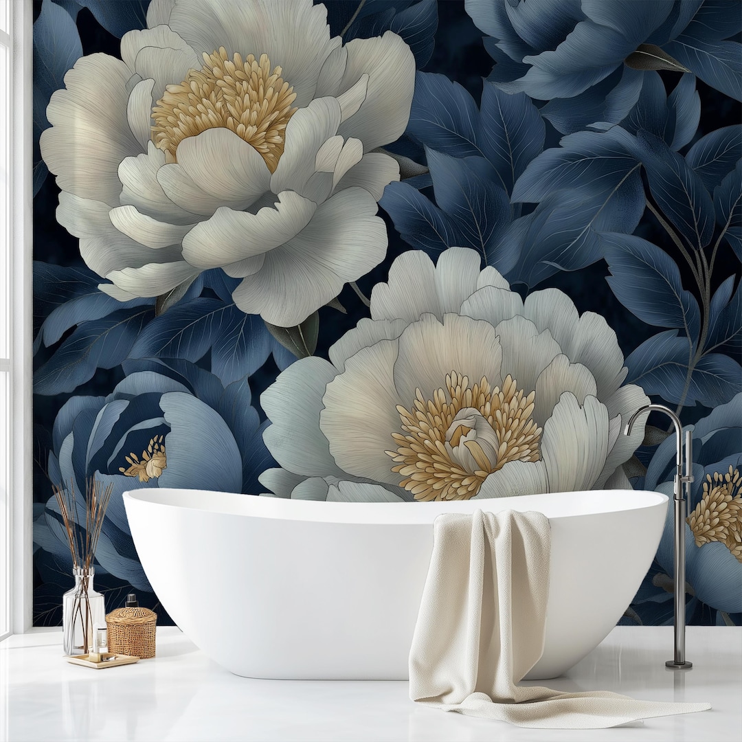 Oversized Custom Floral Peony Wallpaper Mural, Blue Leaf Botanical Wall ...