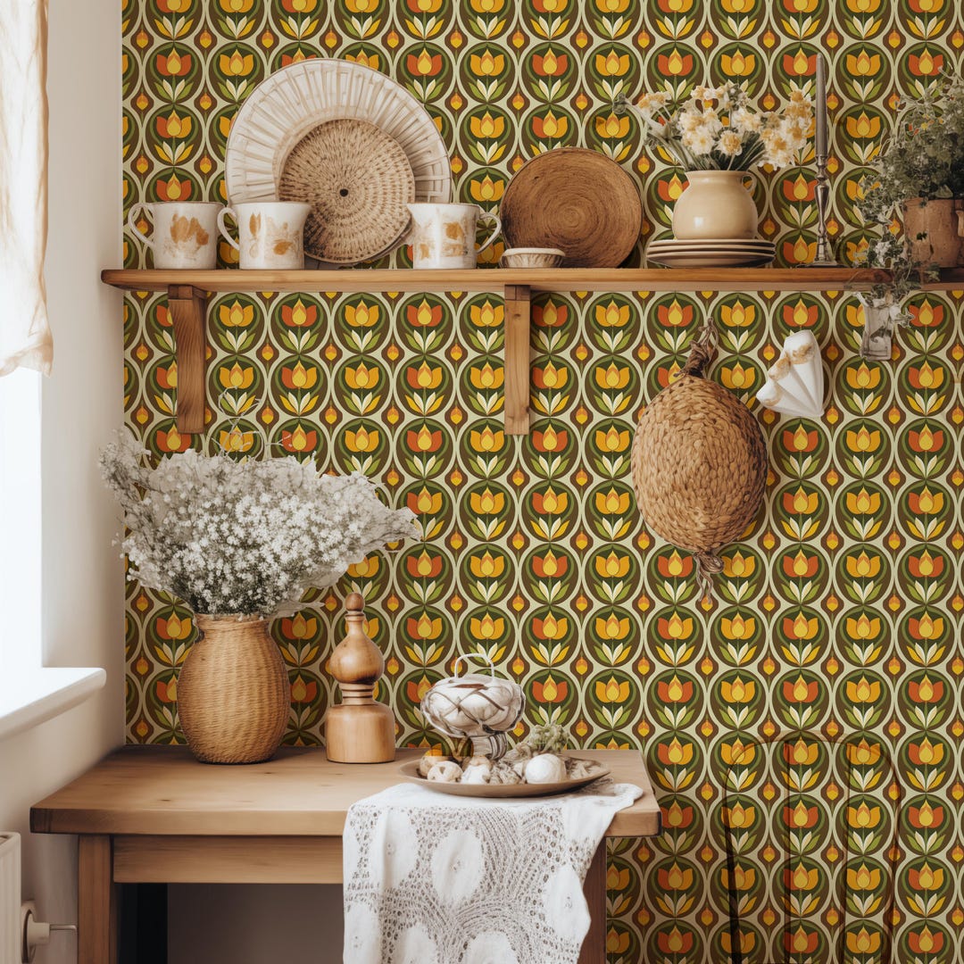 Retro Orange Yellow Floral Pattern Wallpaper, 1970s Vintage Abstract ...