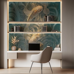 Duty Free, Tariff Free, Customs Free, Tropic Wallpaper, Japanese Koi Fish, Pink, Teal Mural, Oversized Large Mural, Textured Canvas Wall Art, Removable Peel and Stick, Non-woven Wall Decor, Self-adhesive, Non-pasted, Removable, Easy to Apply, DIY, ECOLOGO certified, Breathable material, Healthier Interiors, UV resistant, HP Latex certified ink, Non-toxic nontoxic non toxic, nursery mural, Safe for children kids, Water resistant, Chinoiserie Wallpaper