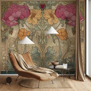 Carta da parati murale Art Nouveau con peonie, pannello floreale decorato in oro rosa e verde acqua, rimovibile, staccabile e attaccabile, autoadesiva o incollabile, testurizzata
