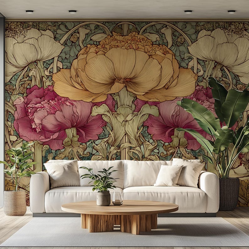 Custom Art Nouveau Floral Wall Mural, Victorian Botanical Wallpaper ...