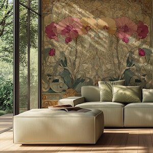 Custom Art Nouveau Floral Wallpaper Mural, Victorian Pink Green Wall Mural, Peel & Stick