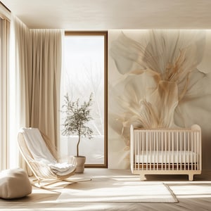 May include: A neutral-toned nursery featuring a light wood cot, a woven rocking chair, and a large floral mural. The room has beige curtains and a small potted tree. A white rug is on the floor.