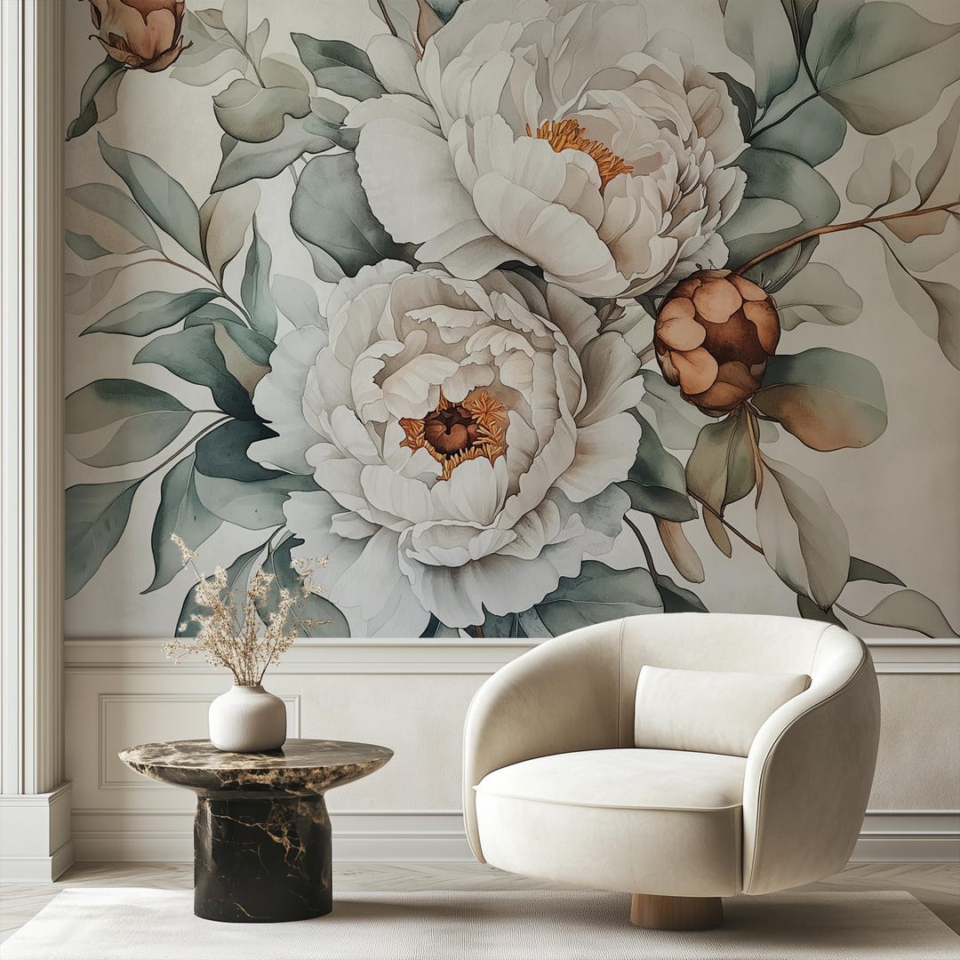 Custom Size Watercolor Peony Mural Wallpaper, Oversized Botanical ...