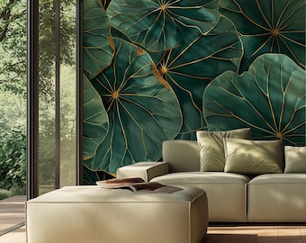 Custom Size Oversized Tropical Wall Mural, Green Gold Floral Wallpaper, Botanic