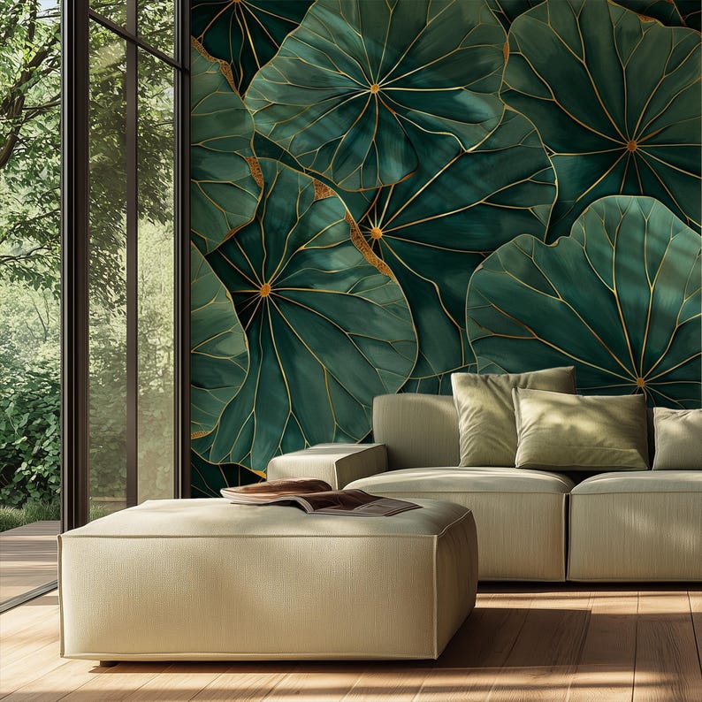 Custom Size Oversized Tropical Wall Mural, Green Gold Floral Wallpaper ...
