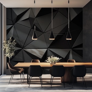 Futuristic 3D geometric wall mural with metallic diamond and triangle reliefs forming a repeating pattern in grey and steel tones. Modern minimalist texture ideal for office or living room accent walls. Reflective lighting and dimensional depth create a sculptural aesthetic. Peel and stick self adhesive wall panel wallpaper for modern interiors, offering a sleek architectural look. Geometric Pattern, 3D Wall Panel, Metallic Surface, Diamond Shape, Triangle Texture, Futuristic Design, Modern