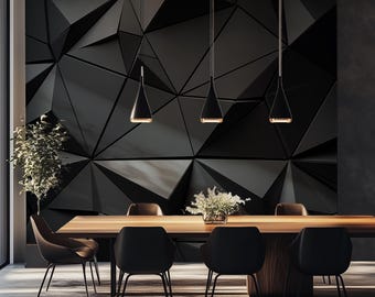 May include: A modern dining room featuring a large wooden table with black chairs. Above the table hang three black pendant lights. The wall behind the table is a geometric design in shades of black and gray.