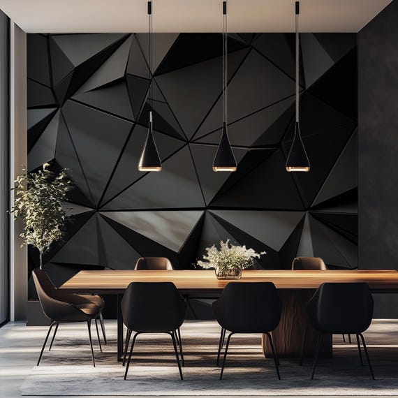 Matt Black Abstract 3D Wallpaper, Geometric Mural, Modern Office, Custom Size, Personalized, Black White Gray, Pasted or Peel and Stick