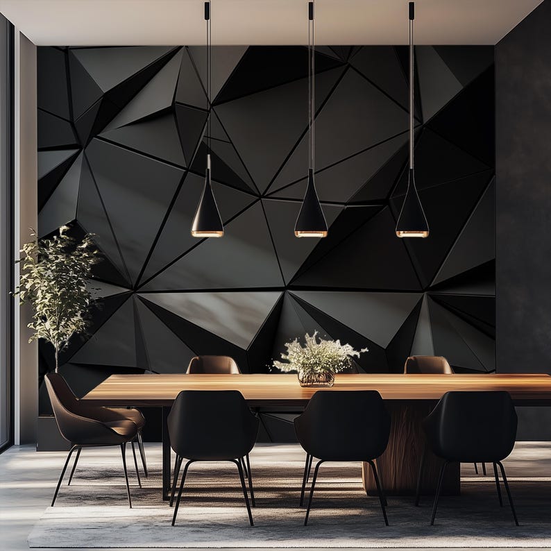 Futuristic 3D geometric wall mural with metallic diamond and triangle reliefs forming a repeating pattern in grey and steel tones. Modern minimalist texture ideal for office or living room accent walls. Reflective lighting and dimensional depth create a sculptural aesthetic. Peel and stick self adhesive wall panel wallpaper for modern interiors, offering a sleek architectural look. Geometric Pattern, 3D Wall Panel, Metallic Surface, Diamond Shape, Triangle Texture, Futuristic Design, Modern