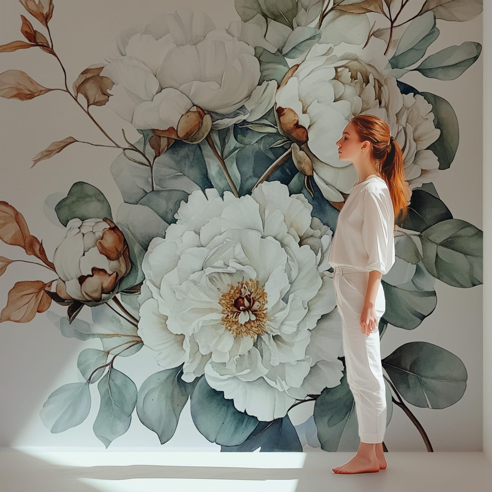 Custom Size Watercolor Peony Mural Wallpaper, White Floral Wall Art ...