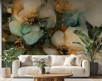 Papier peint floral vintage taille personnalisée fleurs blanc crème, pétales bleu sarcelle profond lavage or antique doux botanique, collé ou épluché et