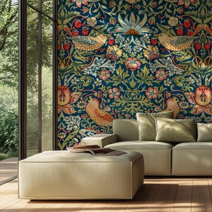 William Morris påfågeltapet, viktoriansk botanisk väggmålning, anpassad storlek texturerad, överdimensionerad antik dekal, grönblå gul dekor