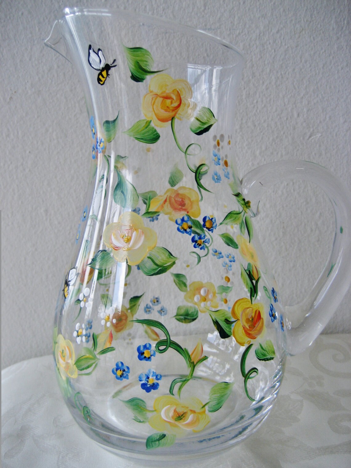 Handpainted yellow rose glass pitcher Etsy