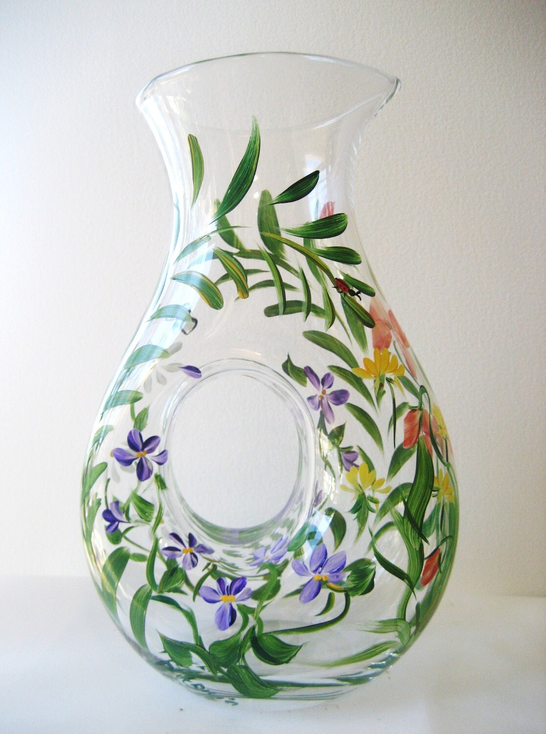 Hand painted glass pitcher with wildflower and fern. Etsy
