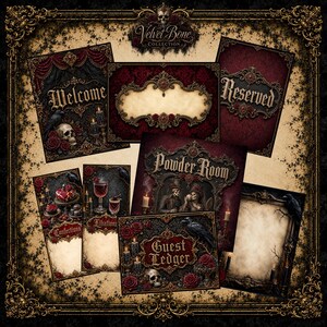 Könnte beinhalten: Eine Sammlung rechteckiger Schilder und Karten aus der Velvet Bone Collection mit dunkelroten und schwarzen verzierten Rahmen, Totenköpfen, Rosen, Raben und Kerzen. Der Text umfasst Welcome, Reserved, Powder Room, Confections, Libations und Guest Ledger.