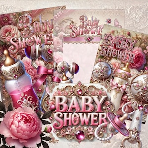Royal Baby Shower Clipart & Invitations – Pink Jewel Theme | Elegant Baby Girl Graphics Bundle | Instant Download