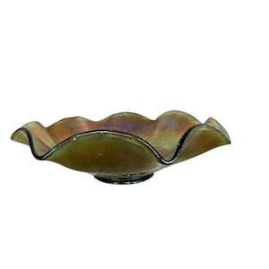 Antique Northwood Carnival Glass Marigold and Green Ruffle Edge Bowl