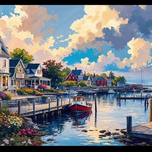 May include: A colorful painting of a coastal town with shops, a harbor, and a lighthouse. The scene includes a red boat, docks, and boats in the water. The sky is filled with fluffy clouds, and the buildings have red and white accents.