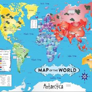Op de afbeelding: Een kleurrijke wereldkaart met continenten in verschillende kleuren, waaronder Noord-Amerika (geel), Zuid-Amerika (groen), Europa (paars) en Azië (rood). De kaart is voorzien van de tekst "MAP OF THE WORLD".