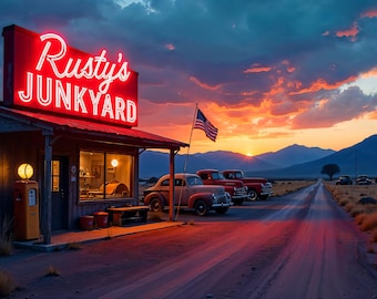 Könnte beinhalten: Szene eines Schrottplatzes bei Sonnenuntergang. Ein rotes Neon-Schild mit der Aufschrift "Rusty's Junkyard" über einem Holzgebäude. Klassische Autos stehen davor. Eine amerikanische Flagge weht im Wind. Der Himmel ist orange und blau.