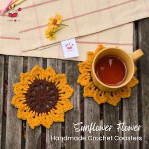 Handmade Crochet Sunflower Coasters, Sunflower Pot Coasters, Crochet Flower Pot, Handmade Flower Coasters, Crochet Sunflower, Handmade Decor