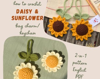 Daisy and Sunflower Keychain Crochet Pattern: Floral Keychain Charms (English PDF Tutorial)