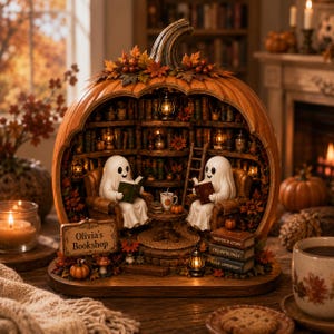 Könnte beinhalten: Ein dekoratives, kürbisförmiges Diorama mit der Aufschrift Olivia's Bookshop, das zwei weiße Geisterfiguren in Sesseln beim Lesen zeigt. Das Innere umfasst Miniatur-Bücherregale, eine Leiter, Laternen und einen Bücherstapel mit den Titeln Whispers of Autumn, Enchanted Pages und Tales by Lantern Light, verziert mit Herbstblättern.