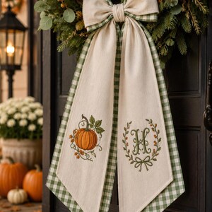 Embroidered Monogrammed Pumkin Halloween Thanksgiving Fall Wreath Sash, Sash Pumpkin Personalized Holiday Gift, Front Door Bow gift for her