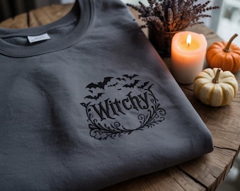 Embroidered Witchy Halloween Sweatshirt, Halloween shirt, Witchy shirt Wiccan Bat Style